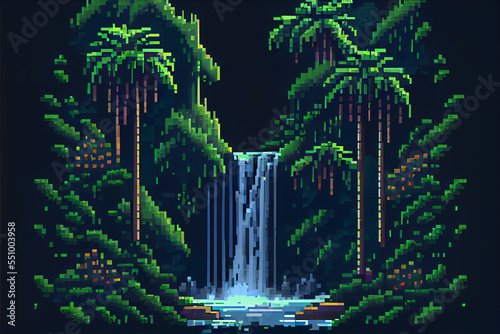 Pixel 8 bit art of a jungle waterfall