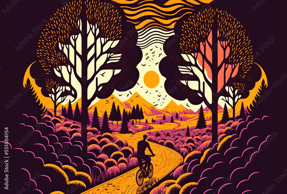 Retro illustration of a beautiful forets during autumn showing gorgeous sunset colors between the big trees