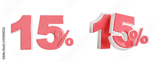 3d render 15 percent discount red and white numbers isolated transparent background