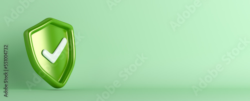 Green shield with check mark, secured protection concept, 3d rendering illustration