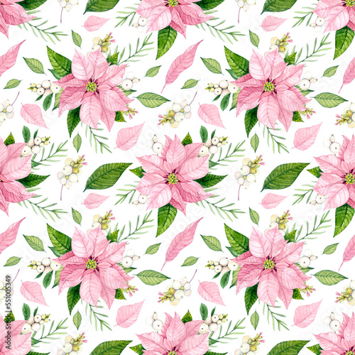 Wallpaper Mural Poinsettia. Seamless pattern. Christmas pink flowers painted in watercolor. For packaging, decoration, fabric, etc. Torontodigital.ca