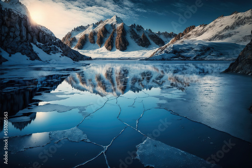 Cracks on the surface of the blue ice. Frozen lake in winter mountains. Digital art