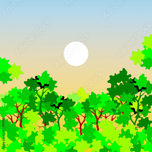 Illustration of forest and shrubs with a clear sky and white moon as a background
