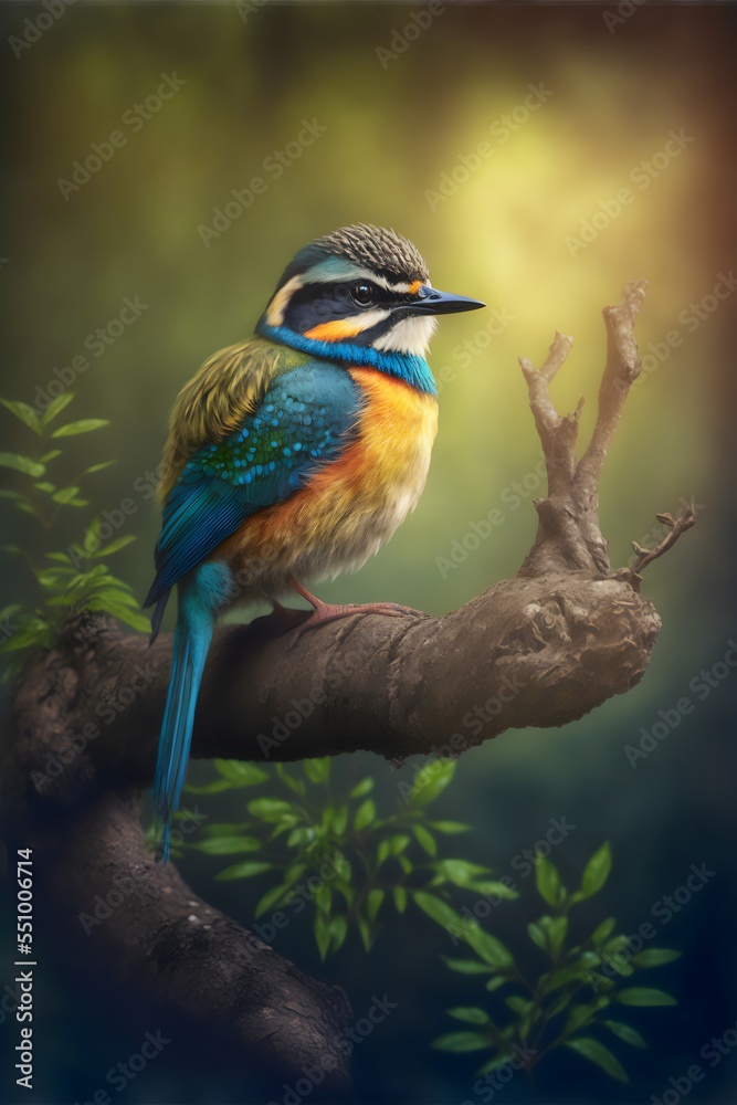 Fototapeta premium A lovely bird perched on a tree branch, its feathers illuminated by the sun's warm rays.