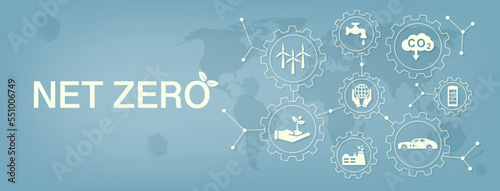 Banner Net Zero. Zero emissions concept by 2050. Long-term strategy for a net zero emissions target, no toxic gases. EPS 10 vector.