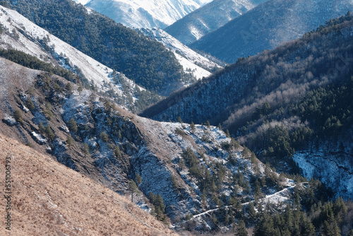 Caucasian winter landscape. View from Vovnushki towers on sunny winter day. Ingushetia, Caucasus, Russia.
