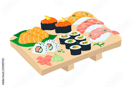 Large sushi set on a wooden plate