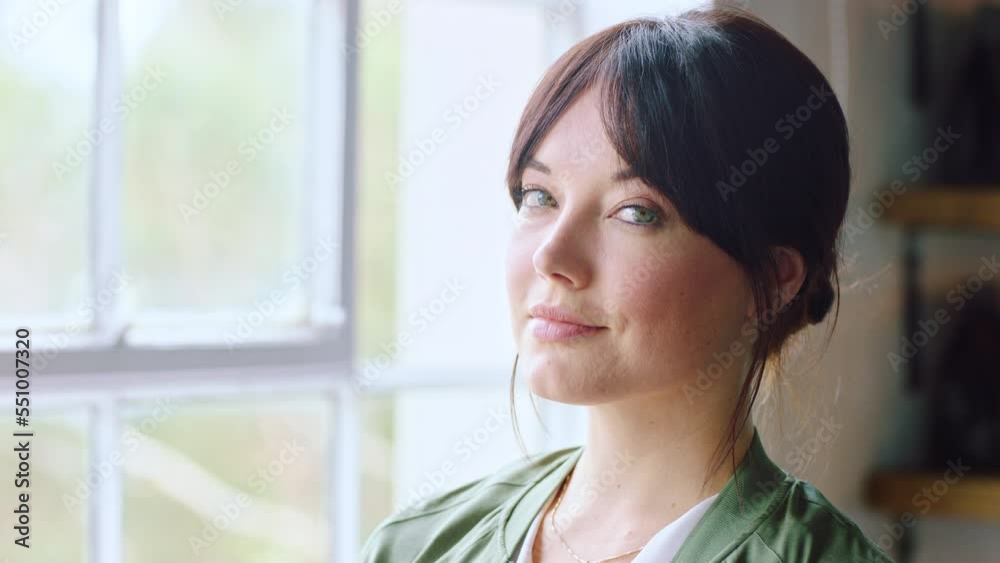 Morning thinking, happy and woman by a window, creative business and office relax at work. Designer idea, workplace smile and face portrait of a worker working at a startup company in design Morning thinking, happy and woman by a window, creative business and office relax at work. Designer idea, workplace smile and face portrait of a worker working at a startup company in design