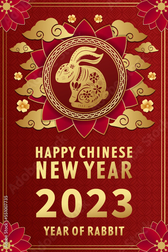 golden color chinese new year 2023 on red background with rabbit