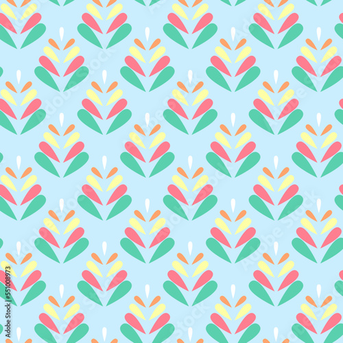 Seamless pattern with symmetrically spaced abstract leaves. Retro design. Moderate, restrained colors