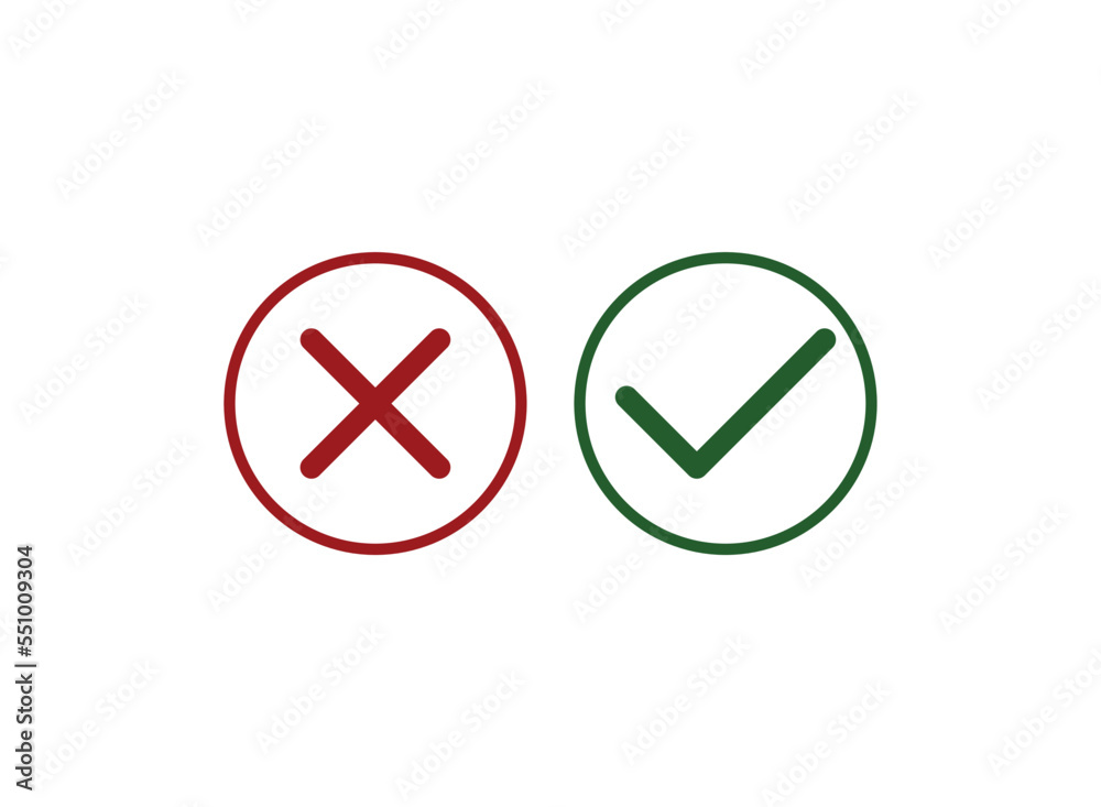 Check mark icons. Vector line icons set. Green tick and red cross check marks isolated on white background. Thin line design. Check mark icons. Vector line icons set. Green tick and red cross check marks isolated on white background. Thin line design.