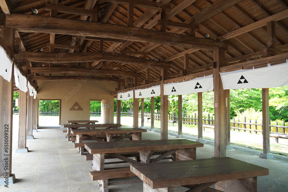 鉢形城跡、鉢形城歴史館入口付近の休憩所【埼玉県寄居町】 鉢形城跡、鉢形城歴史館入口付近の休憩所【埼玉県寄居町】