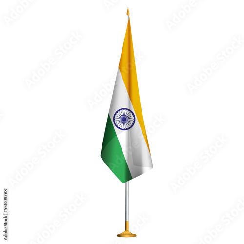 Isolated small national flag of India vector with golden flagpole.Standing miniature Indian flag