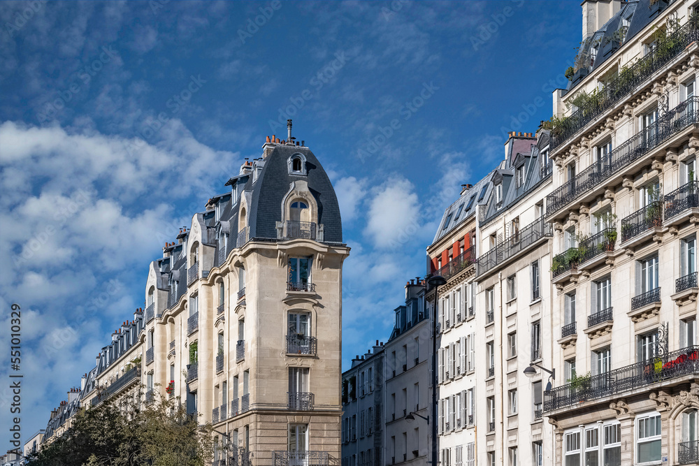 Paris, typical facades and street, beautiful buildings avenue de la Republique
