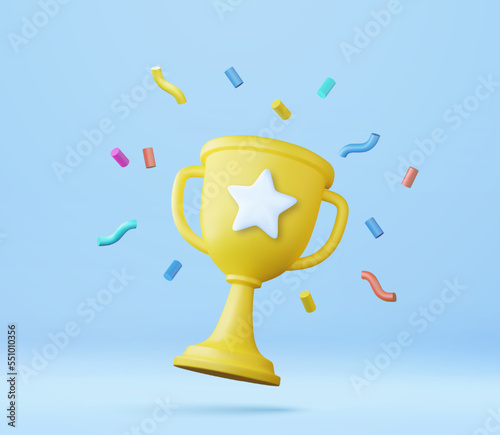 3d prize winner icon with golden cup, gold winners stars with objects floating around