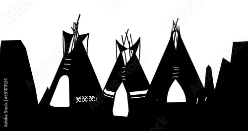 Silhouettes Indians wigwam hut made of felt and skins. Village among stones of cliffs. North American tribal dwelling. Traditional home of nomadic peoples. Isolated on white background Vector.