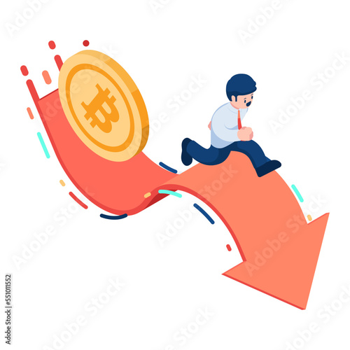 Isometric Businessman Running on Fluctuated Market Chart with Bitcoin