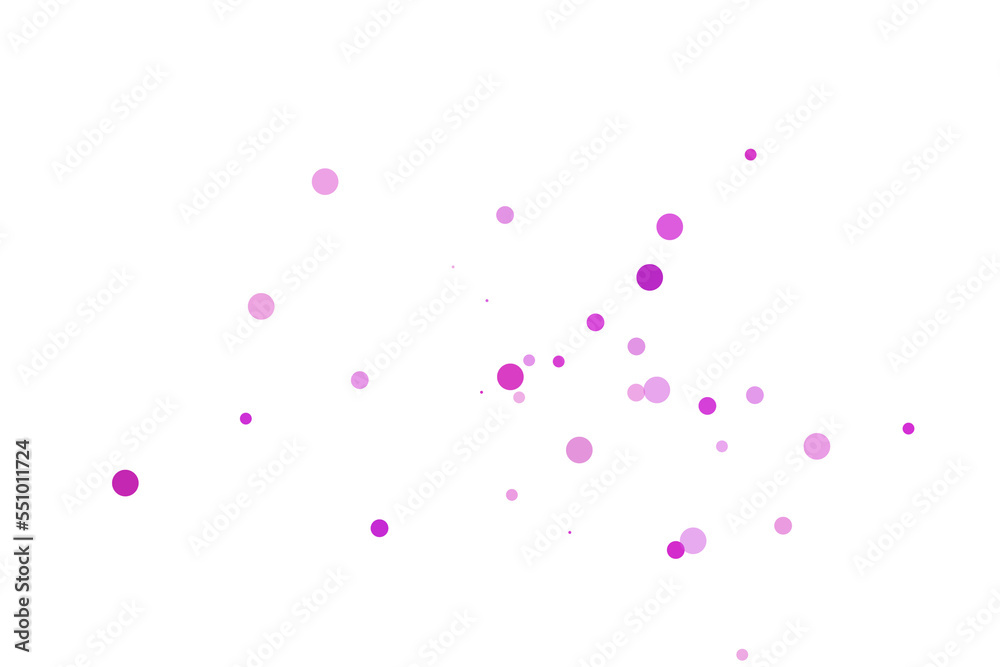 Polka dots confetti background. Birthday graphics. Purple magenta round elements scatter flying. Splash of polka dot elements. Banner, poster, flyer cool background.
