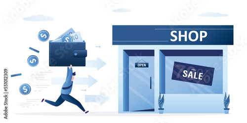 Shopaholism addiction. Happy young adult holds big wallet with money and runs in shop or supermarket for shopping. Psychological problems. Addiction to shopping and spending money.