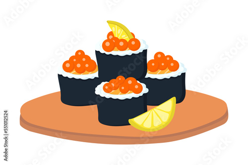 Set of rolls with red caviar and lemon