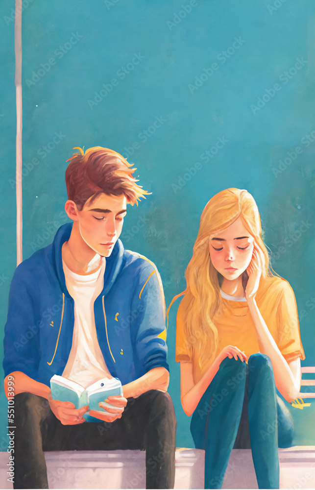 contemporary illustrated teenage couple in bright colors  - obrazy, fototapety, plakaty 