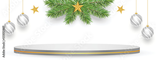 merry christmas holiday banner with 3d podium for product display