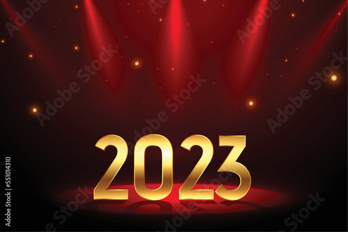 2023 golden text on stage with spot light for new year red banner