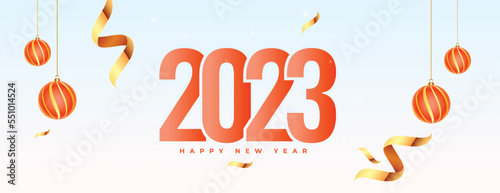 happy new year 2023 decorative banner with bauble and confetti