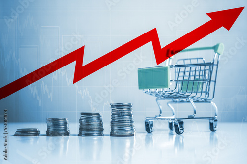 Inflation and economic crisis. High inflation rate. Rising cost of shopping. Increased product sales, basket growth, market or consumer price index concept.