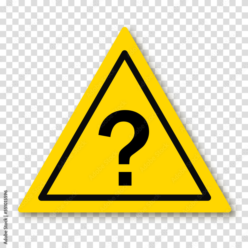 Question point in a yellow triangle with a shadow. Symbol of question. Who, what, how, why, for what and where. Vector illustration on a transparent background.