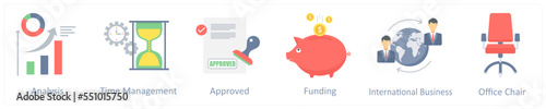A set of 5 business flat icons such asanalysis, report, char 