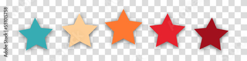 Colorful rating 5 stars in retro style on a transparent background. Feedback concept for mobile app or website. Quality shape design. Vector illustration in 1970s 1980s 1960s style.