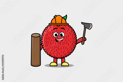 Cute cartoon Lychee as carpenter character with ax and wood in flat modern style