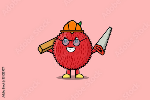 Cute cartoon Lychee as carpenter character with saw and wood in flat modern style design