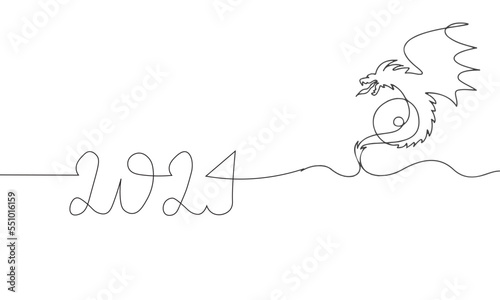 Continuous one line drawing of Dragon symbol of 2024 year. Fluffy dragon silhouette with ears in simple linear style for winter design greeting card and web banner. Doodle Vector illustration