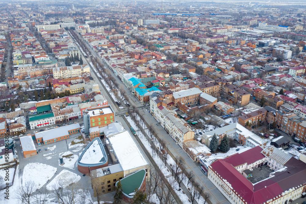 Obraz premium Aerial view of Prospect Mira and National Museum of Alania complex on winter day. Vladikavkaz, North Ossetia, Russia.