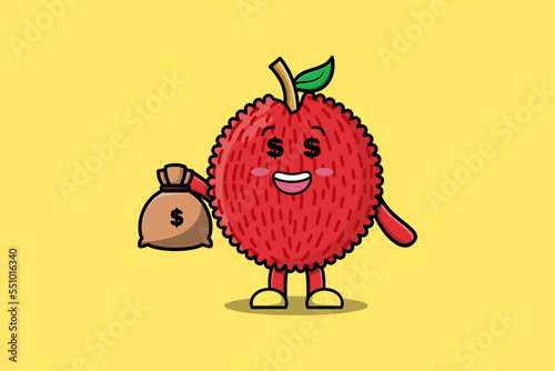 Cute cartoon Crazy rich Lychee with money bag shaped funny in modern design illustration