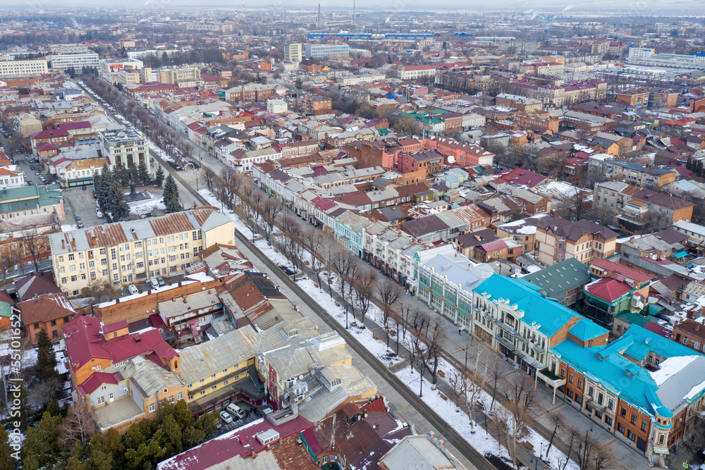 Aerial view of Prospect Mira on winter day. Vladikavkaz, North Ossetia, Russia.