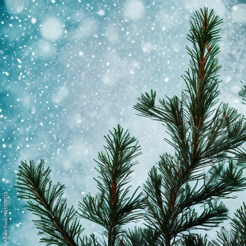 Xmas tree pine branches and snowfalls on sky background. vintage color tone.png