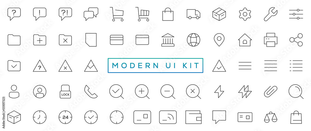 Fototapeta premium Modern UI Kit - Shopping and ecommerce icons set. Set of shopping bag, buy cart, delivery, payment, contact us, map location, user, arrows, online assistant and other ui elements and icons