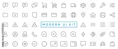 Modern UI Kit - Shopping and ecommerce icons set. Set of shopping bag, buy cart, delivery, payment, contact us, map location, user, arrows, online assistant and other ui elements and icons