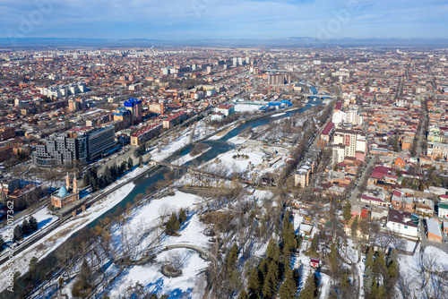 Aerial view of Vladikavkaz and Central park on sunny winter day. North Ossetia  Russia.