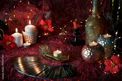 Winter prediction and magic rituals, Tarot cards. Magical concept photo