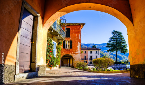 Bild auf Leinwand old town and port of Mandello del Lario in italy