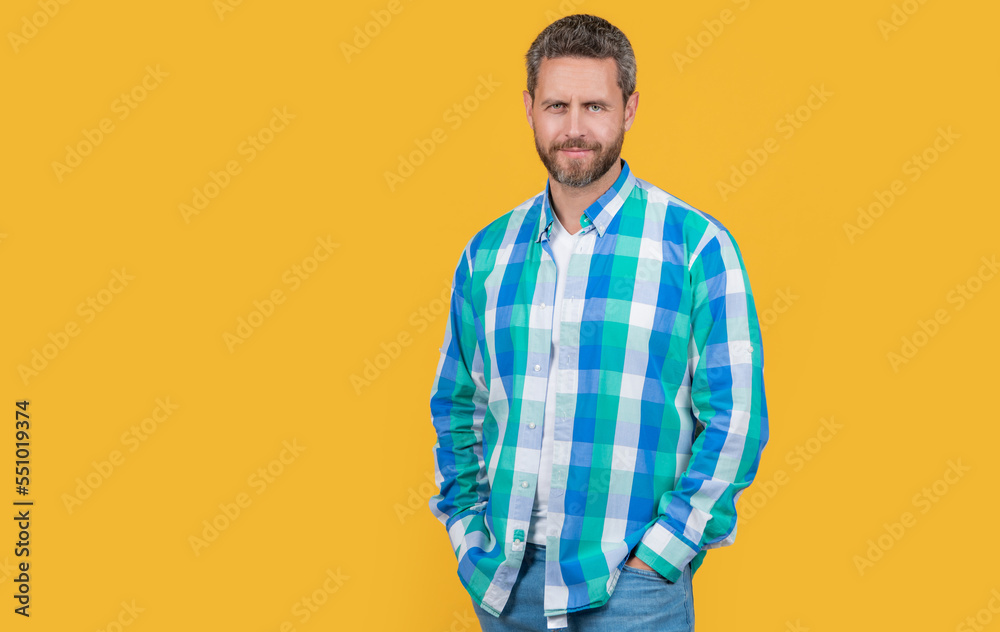 caucasian guy wearing casual style on banner. bearded caucasian guy in casual shirt