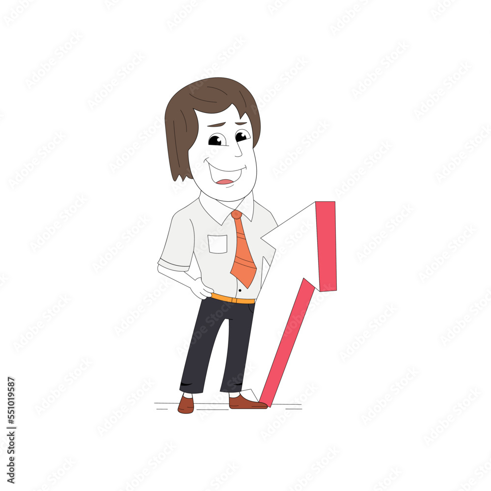 Successful smiling business man with a growing chart. Modern vector. cooperate man character. Successful smiling business man with a growing chart. Modern vector. cooperate man character.