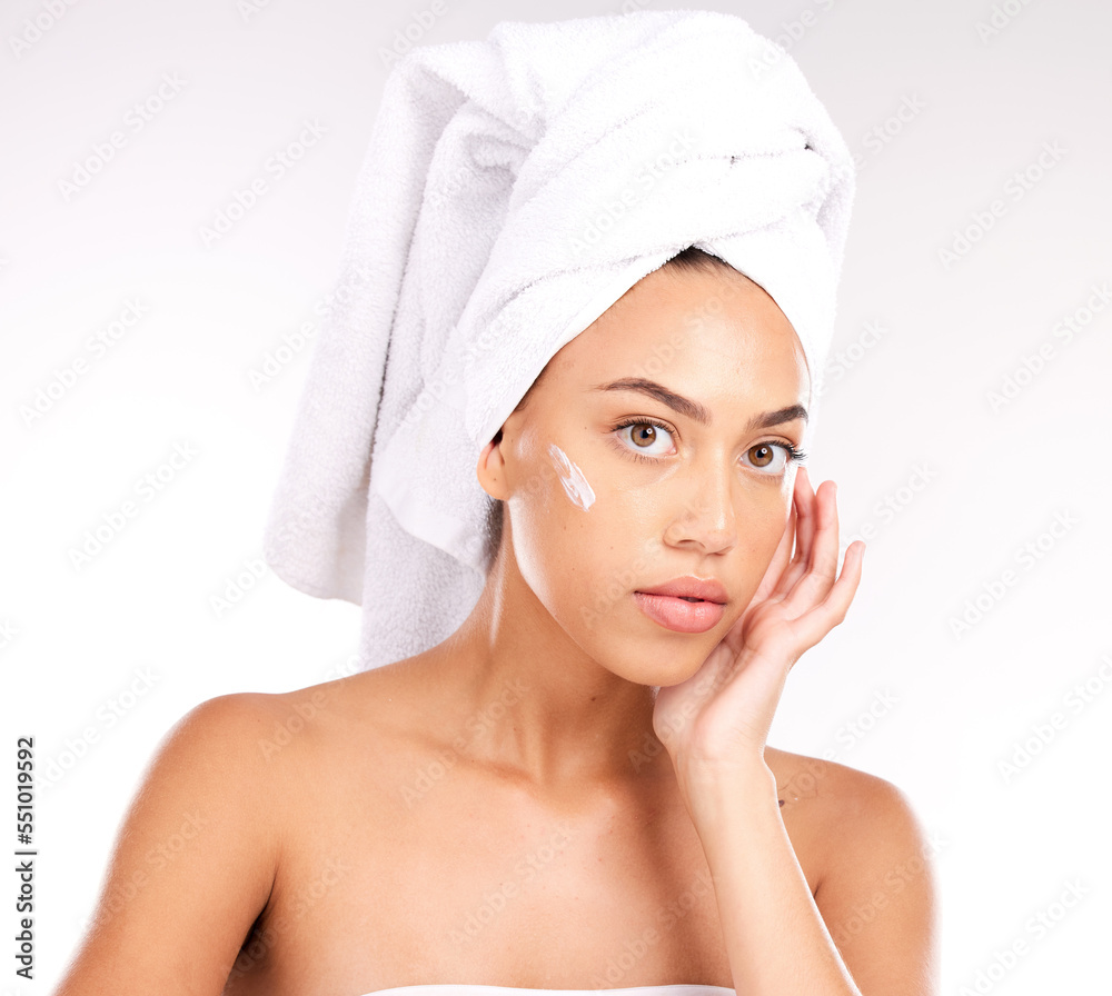 Skincare, facial cream and portrait of woman with lotion for beauty treatment, morning bathroom routine or face hydration glow. Dermatology ointment, spa salon and model with luxury cosmetics product Skincare, facial cream and portrait of woman with lotion for beauty treatment, morning bathroom routine or face hydration glow. Dermatology ointment, spa salon and model with luxury cosmetics product