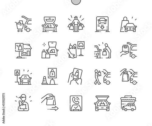 Curbside pickup. Contactless delivery food, parking shopping service. Open trunk. Pixel Perfect Vector Thin Line Icons. Simple Minimal Pictogram