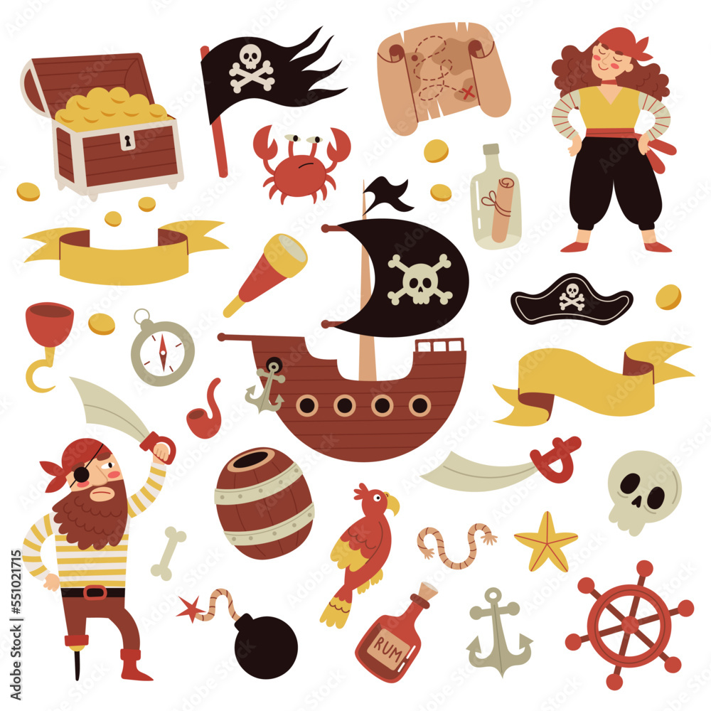 Collection of pirate accessories and items, pirate bundle. Man and woman pirates. Hand drawn vector illustration. Collection of pirate accessories and items, pirate bundle. Man and woman pirates. Hand drawn vector illustration.