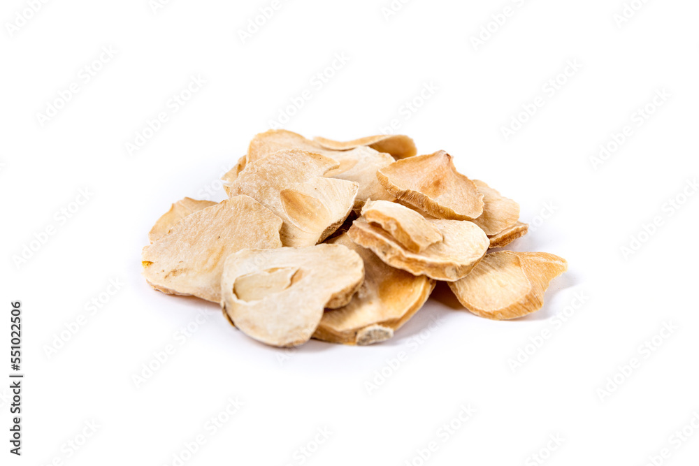 Sliced dried shallots in a pile isolated over white Sliced dried shallots in a pile isolated over white